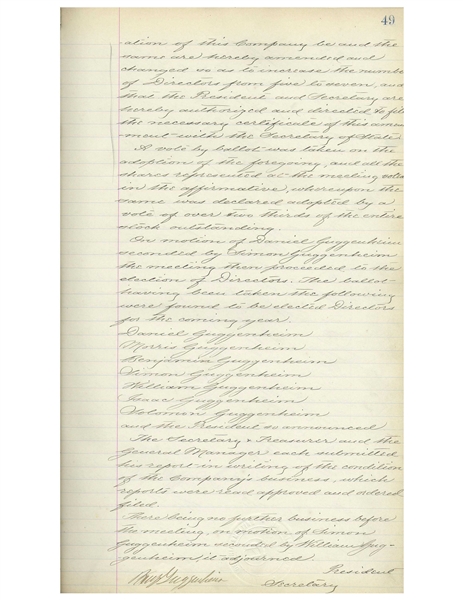 The Guggenheim Mining Ledger, From Its Articles of Incorporation in 1888 to Its Sale in 1901 -- Over 90 Pages & Signed by Patriarch Meyer Guggeneheim & Sons Daniel, Benjamin, William, Morris & Simon
